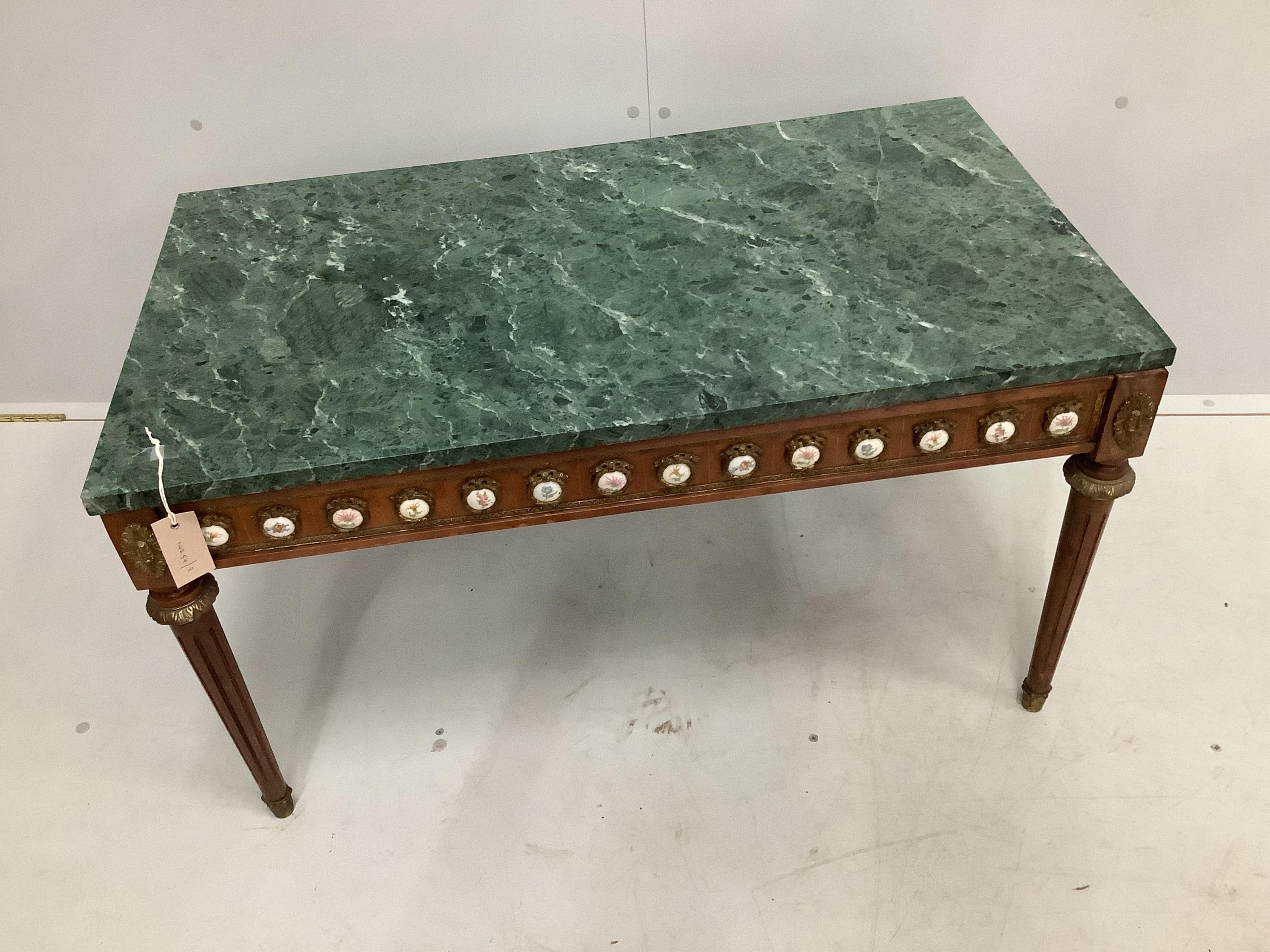 A Louis XVI style rectangular gilt metal and porcelain mounted marble top mahogany coffee table, width 92cm, depth 52cm, height 51cm. Condition - fair